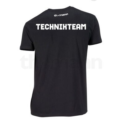 Dunkles T-Shirt mit weißem Aufdruck Technikteam